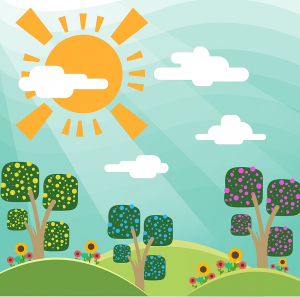 600x594 sunshine landscape drawing colorful cartoon style free vector - Cartoon Landscape Drawing