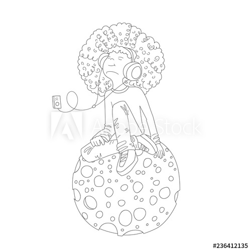 500x500 Line Vector Illustration Of Young Redhead Girl With Headphones - Cartoon Moon Drawing