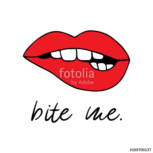 500x500 Red Biting Lips Vector Illustration Drawing, Print With Writing - Cartoon Mouth Drawing