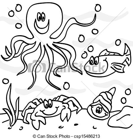 450x470 Outline Of Marine Life Cartoon Characters Outline Of Fun Hand - Cartoon Outline Drawing