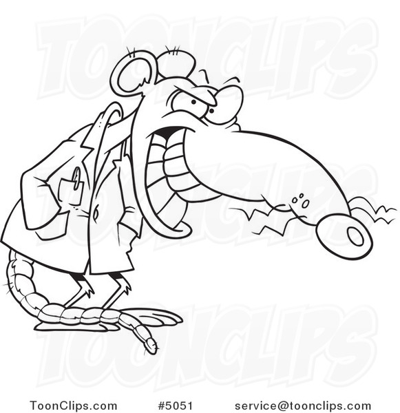 581x600 Cartoon Black And White Line Drawing Of A Grinning Lab Rat - Cartoon Rat Drawing