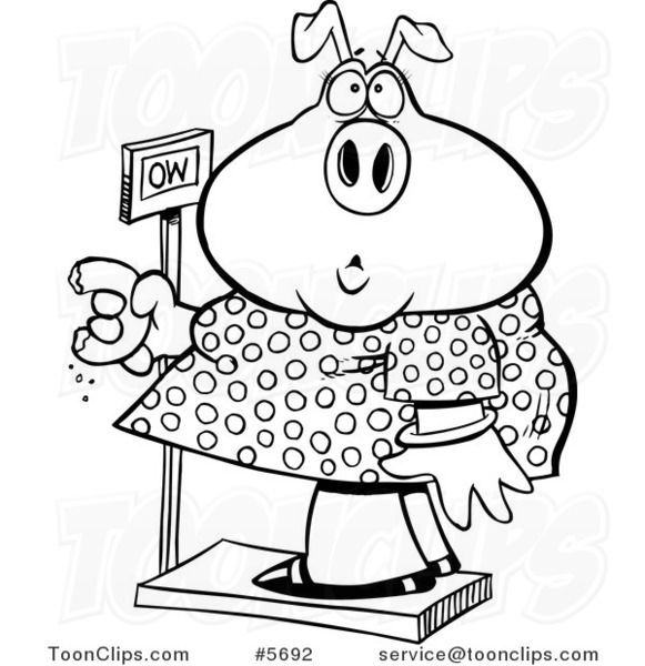 581x600 Cartoon Black And White Line Drawing Of A Heavy Pig Eating A Donut - Cartoon Scale Drawing