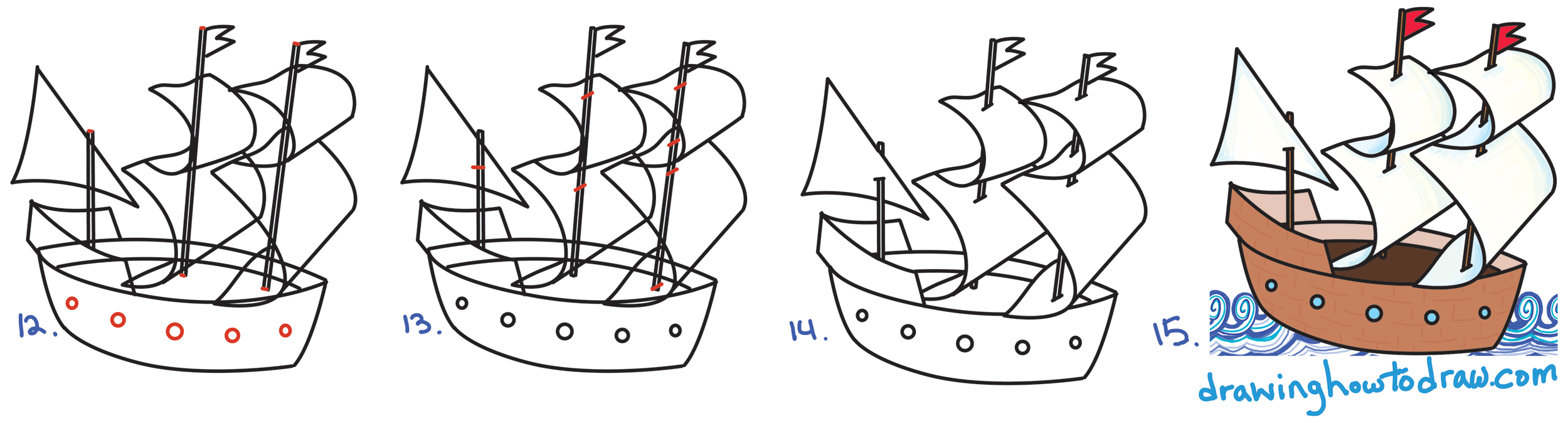 2500x674 how to draw cartoon mayflower ship for thanksgiving easy step - Cartoon Ship Drawing