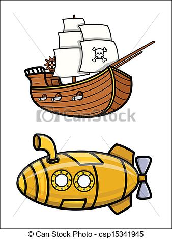 338x470 old pirate ship and submarine drawing art of cartoon old vintage - Cartoon Ship Drawing