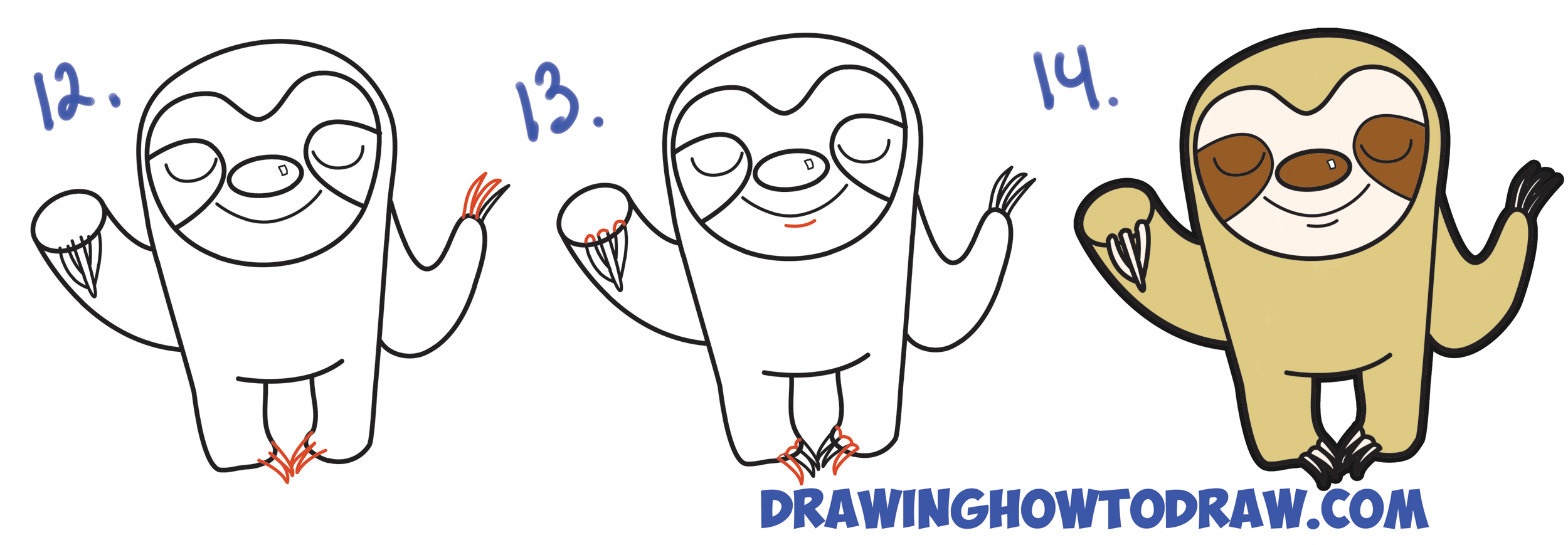 2500x869 How To Draw Cute Cartoon Sloth With Easy Step - Cartoon Sloth Drawing