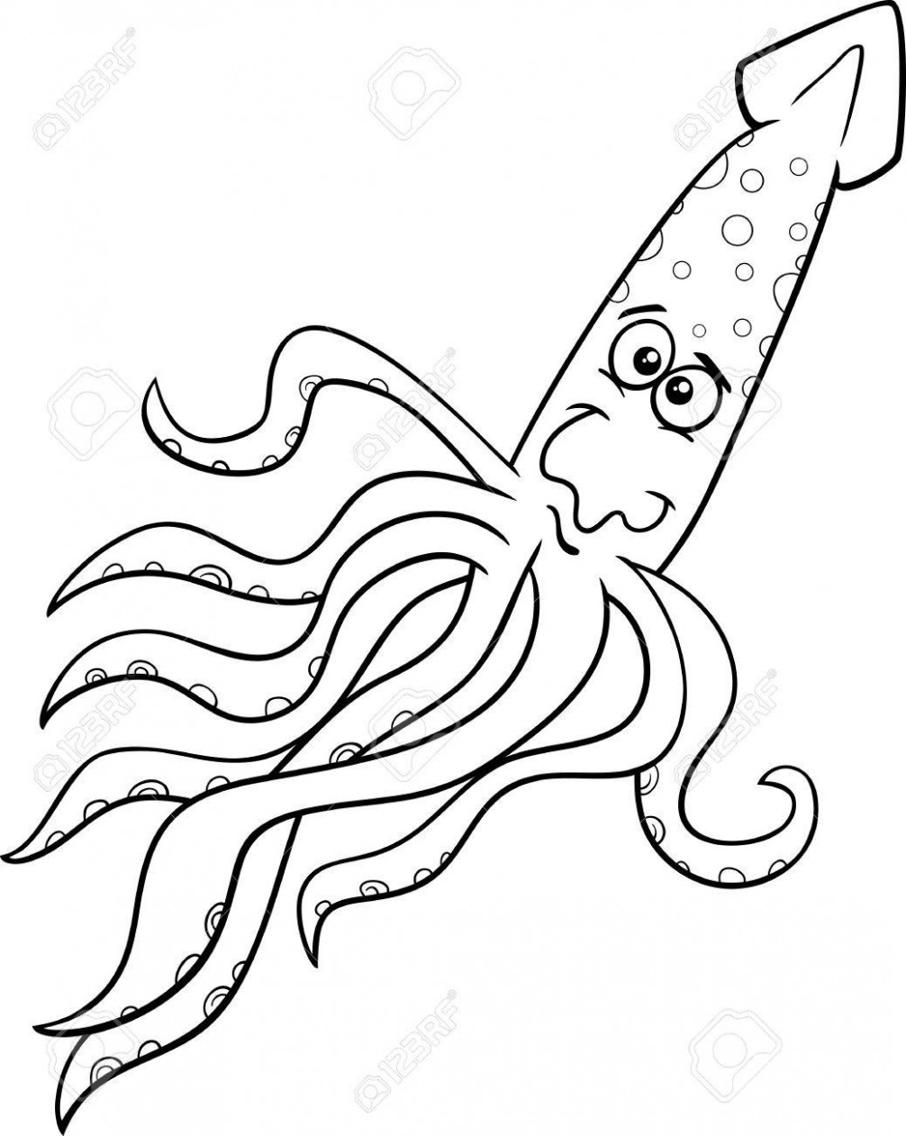 1006x1261 Black And White Cartoon Illustration Of Funny Squid Sea Animal - Cartoon Squid Drawing