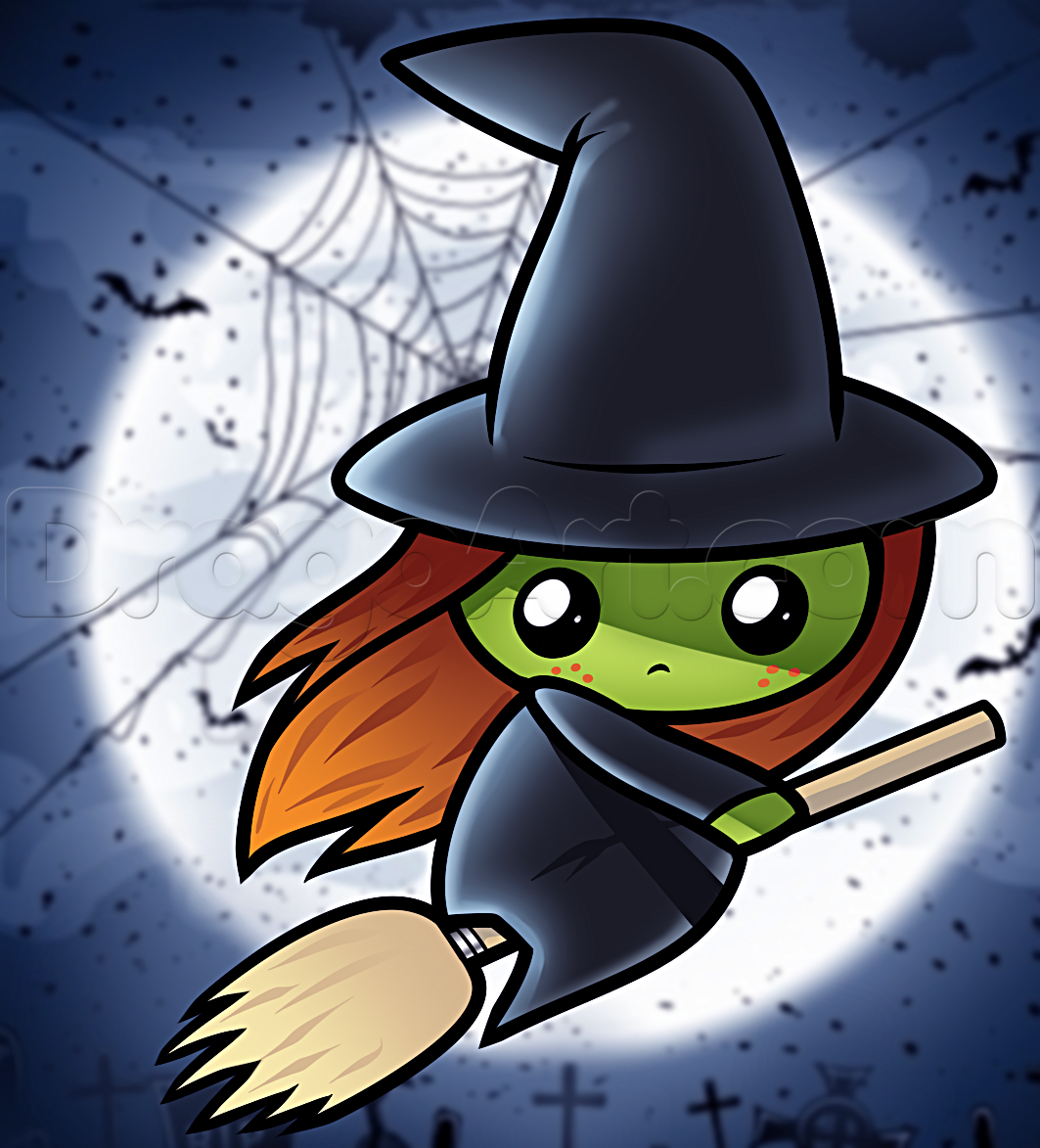 1063x1173 How To Draw A Cute Witch, Step - Cartoon Witch Drawing