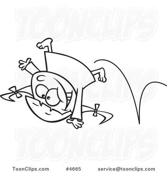 581x600 Cartoon Black And White Line Drawing Of An Energetic Girl Doing - Cartwheel Drawing