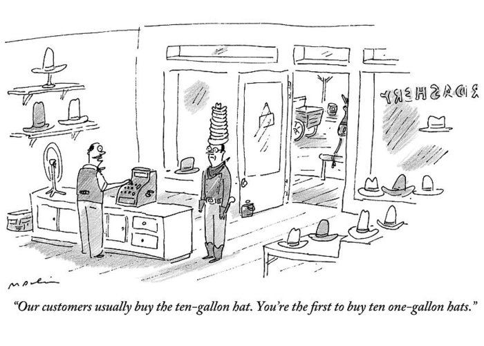 700x500 cashier in a hat shop talks to a man buying ten greeting card - Cashier Drawing