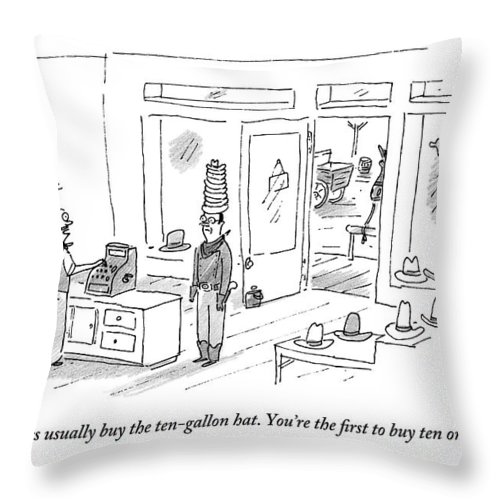 500x500 cashier in a hat shop talks to a man buying ten throw pillow - Cashier Drawing