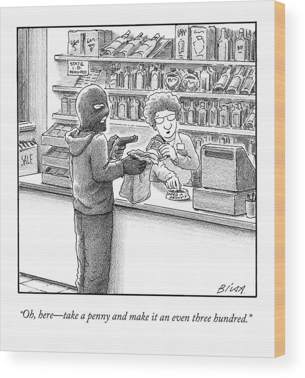 598x740 a man robs a liquor store the cashier reaches wood print - Cashier Drawing