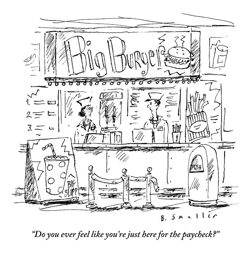 878x899 two employees converse within a hamburger stand drawing - Cashier Drawing