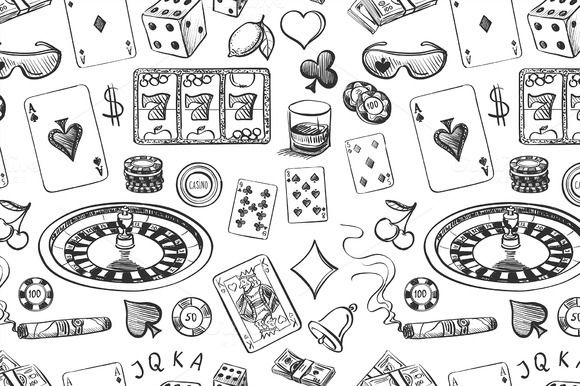 580x386 seamless casino hand drawn pattern with roulette, cards, cigar - Casino Drawing