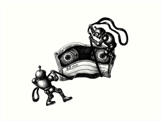 549x413 robots destroying the cassette tape pen ink drawing art prints - Cassette Tape Drawing