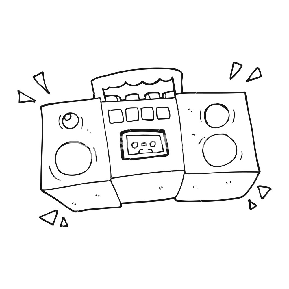 1000x1000 freehand drawn black and white cartoon cassette tape player - Cassette Tape Drawing