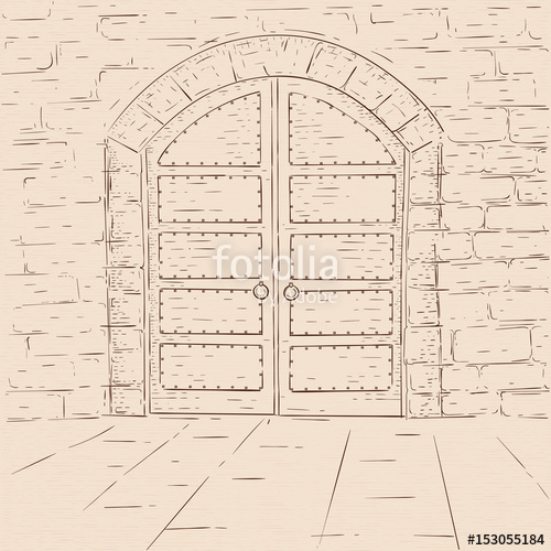 500x500 Old Castle Doors Hand Drawn Sketch On Beige Background Stock - Castle Door Drawing