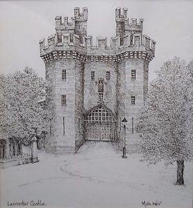 278x300 lancaster castle, signed original fine detailed pen drawing - Castle Drawing
