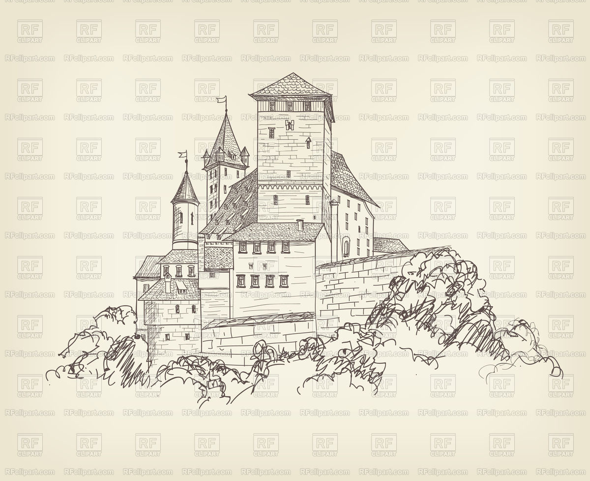 1200x977 Ancient Castle Landscape Engraving Tower Sketch Vector Image - Castle Drawing Images