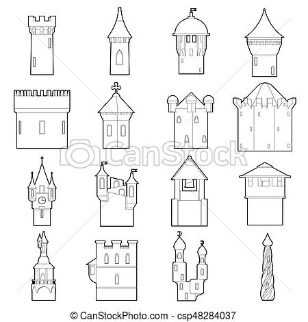 450x470 castle tower icons set color, outline style castle tower icons - Castle Drawing Outline