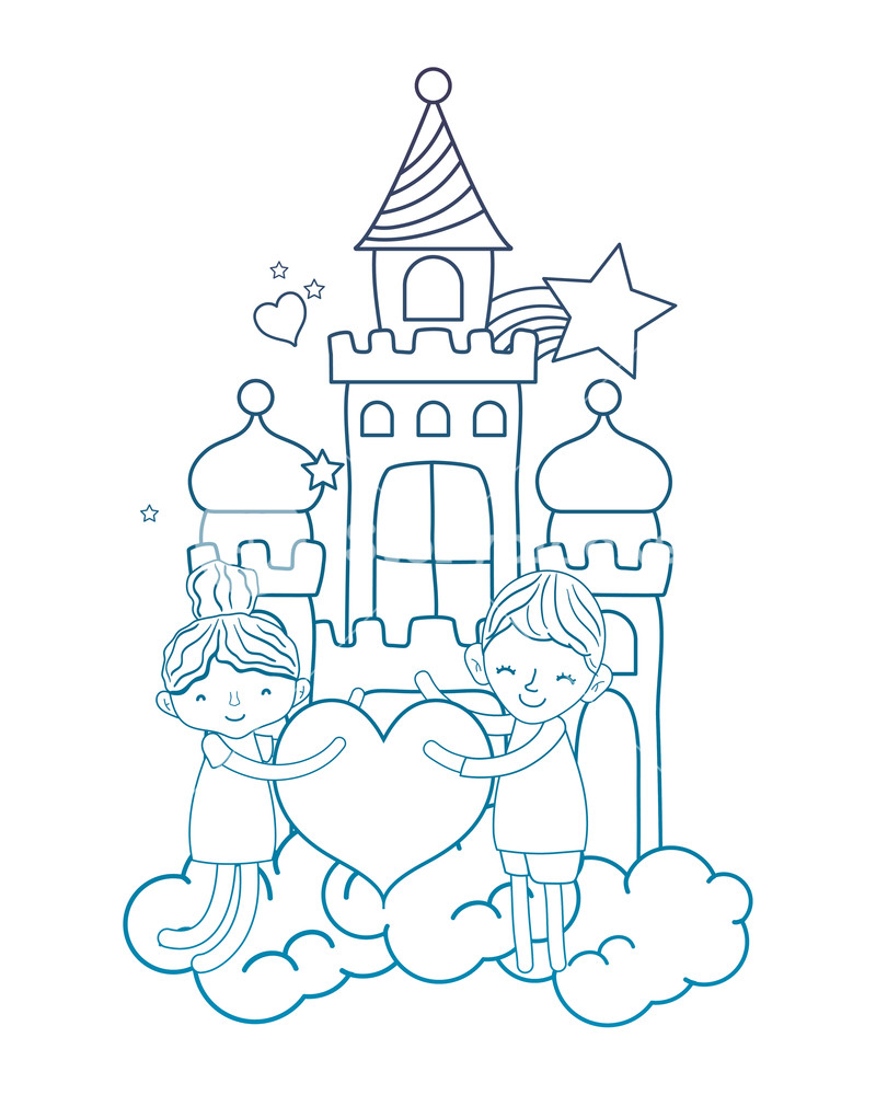 800x1000 Degraded Outline Boy And Girl Together With Heart In The Castle - Castle Drawing Outline