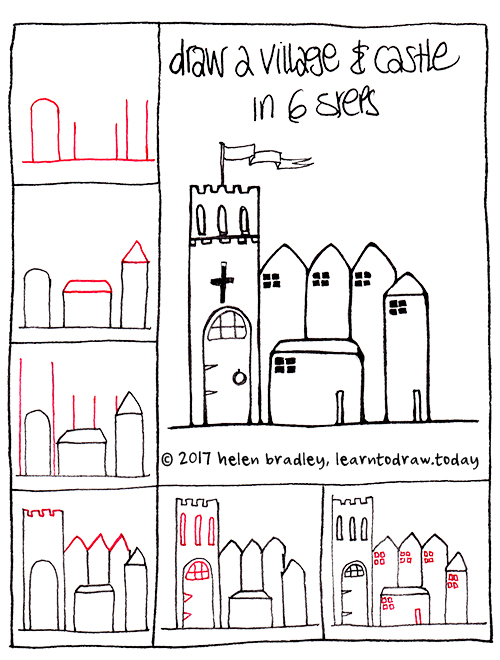 500x660 How To Draw A Castle And Village In Steps Learn To Draw - Castle Simple Drawing