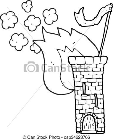 382x470 Freehand Drawn Black And White Cartoon Old Castle Tower Waving - Castle Tower Drawing