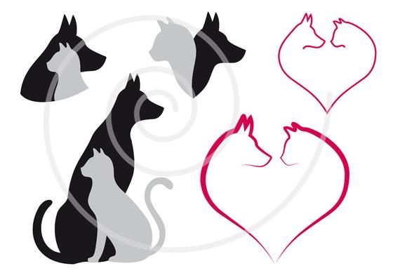 570x399 Cat And Dog Digital Clip Art Set Pet Animal Clipart Heart Etsy - Cat And Dog Drawing