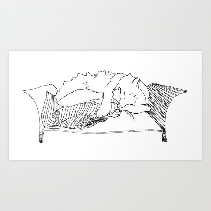 700x700 Sleeping Cat Ink Contour Drawing Art Print - Cat Contour Drawing