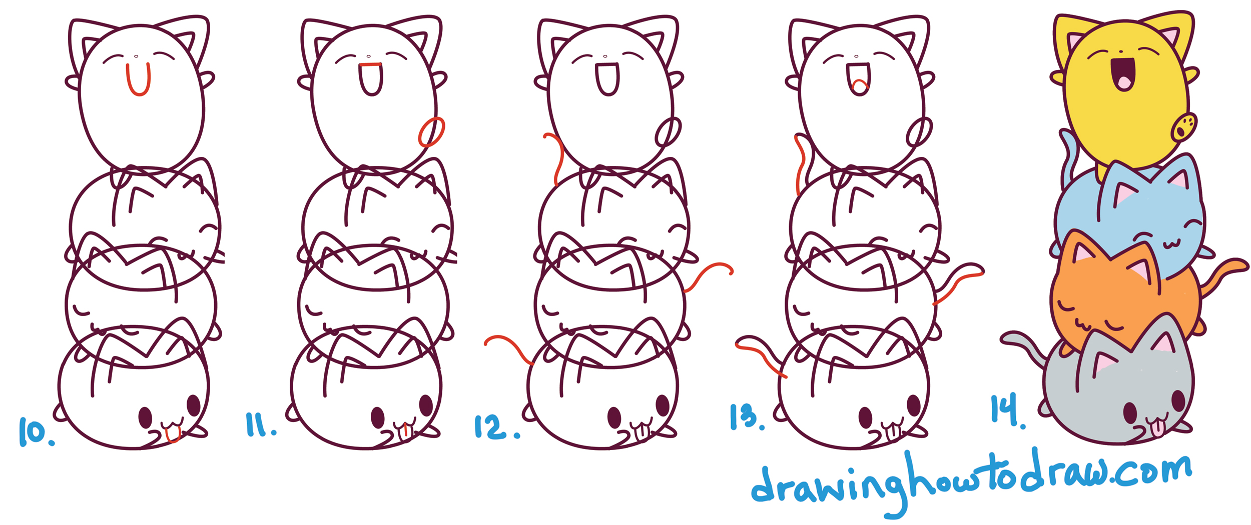 2500x1050 How To Draw Cute Kawaii Cats Stacked On Top Of Each Other - Cat Cute Drawing
