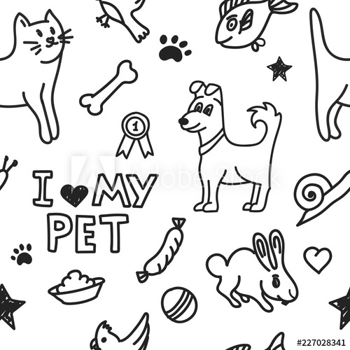 500x500 Drawing Pet Seamless Background Home Animal Pattern With Cat, Dog - Cat Dog Drawing