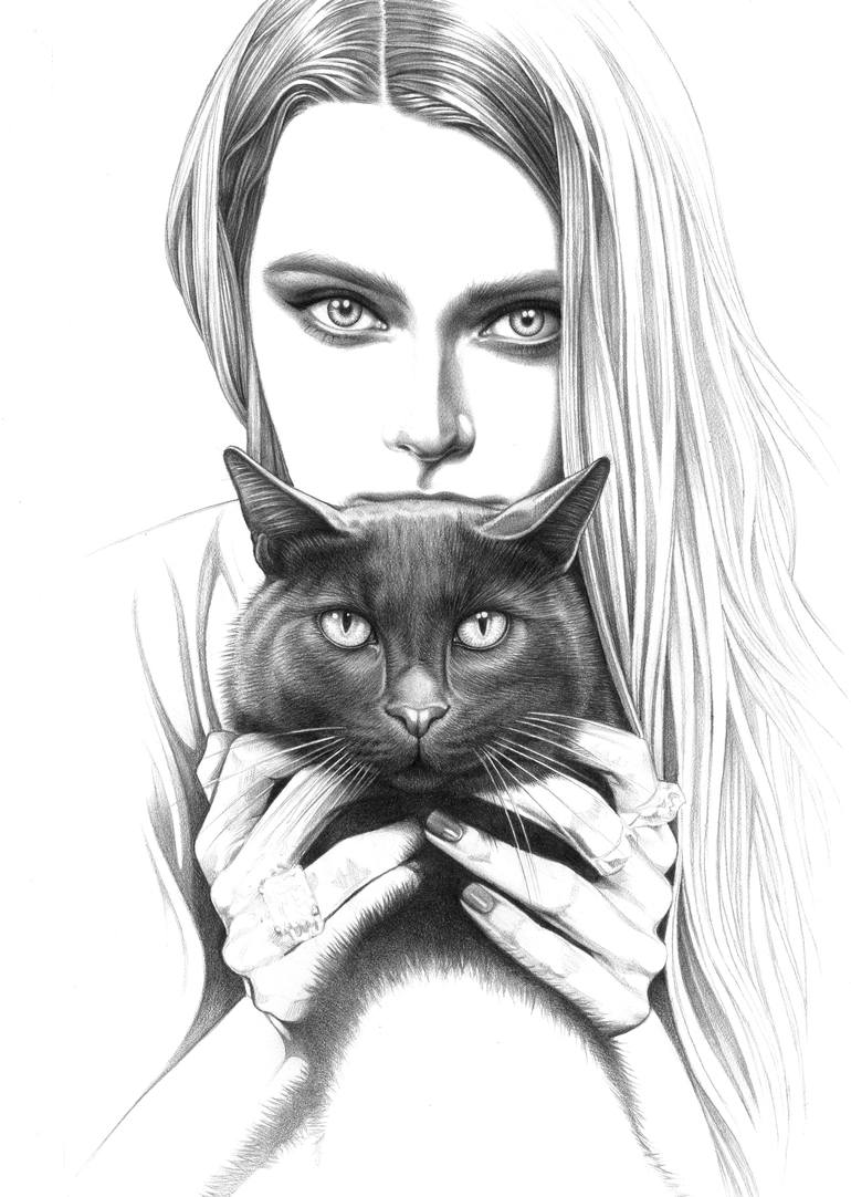 770x1082 Lady With Displeased Black Cat Drawing - Cat Drawing A Picture