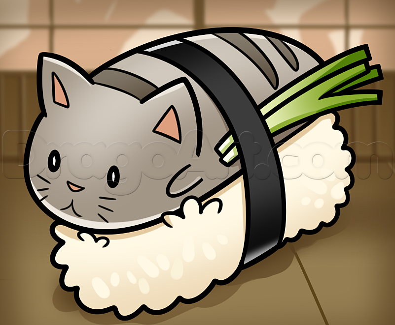 801x661 How To Draw Sushi Cat, Step - Cat Drawing Online