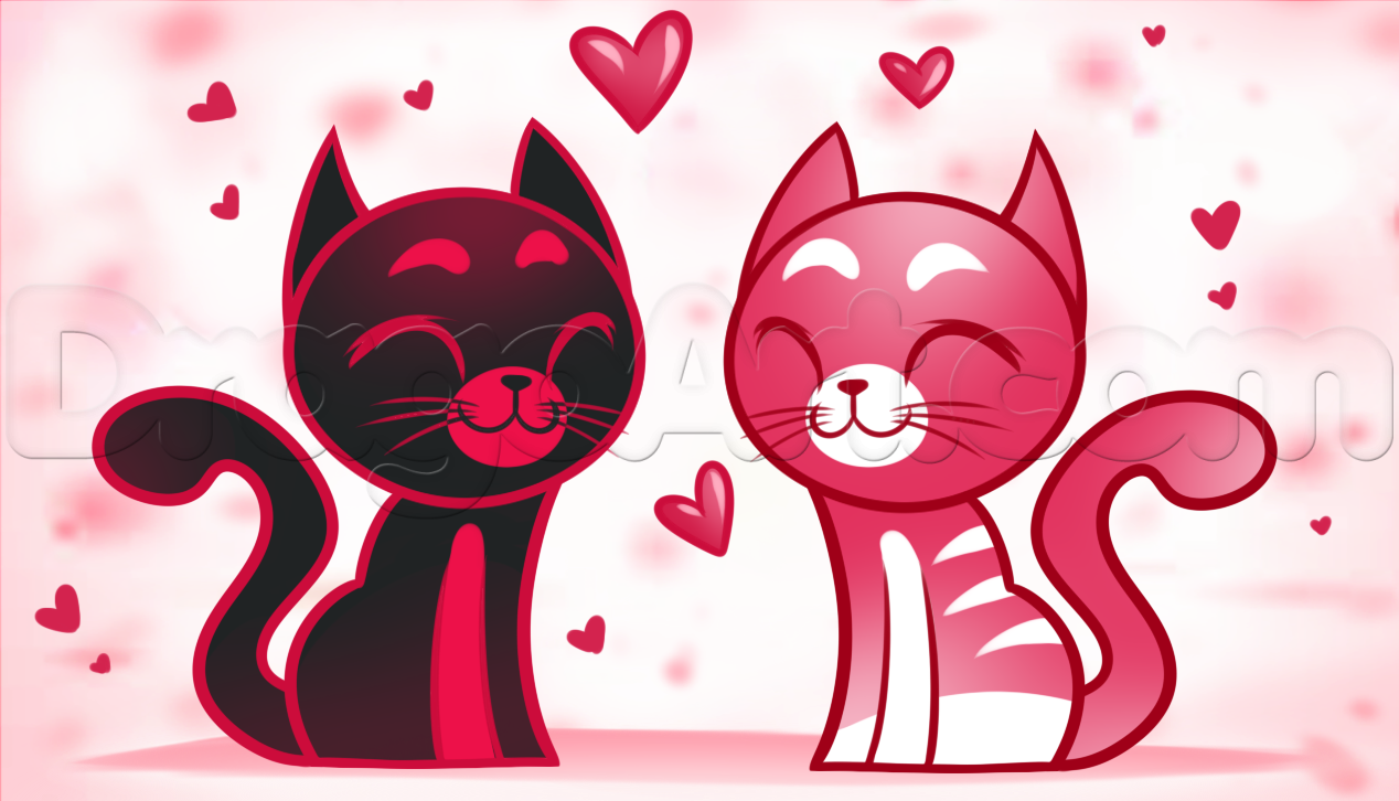 1268x726 How To Draw Valentine Cats, Step - Cat Drawing Online