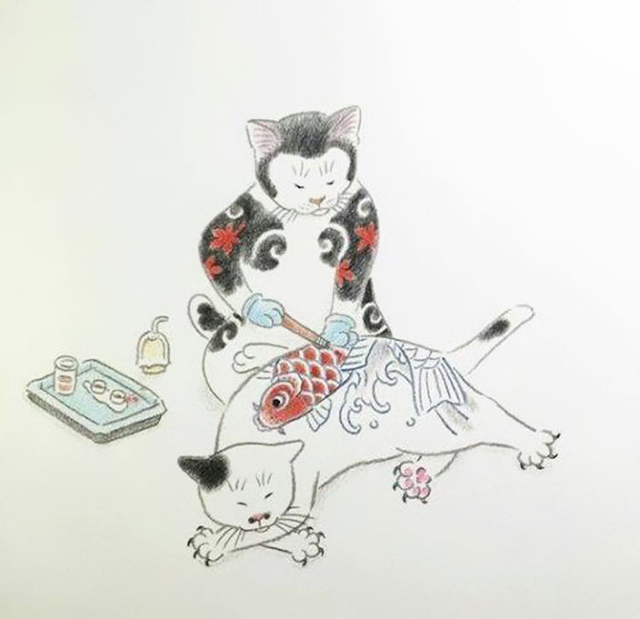 700x677 Cats Tattooing Each Other In Surreal Japanese Ink Wash Paintings - Cat Drawing Tattoo