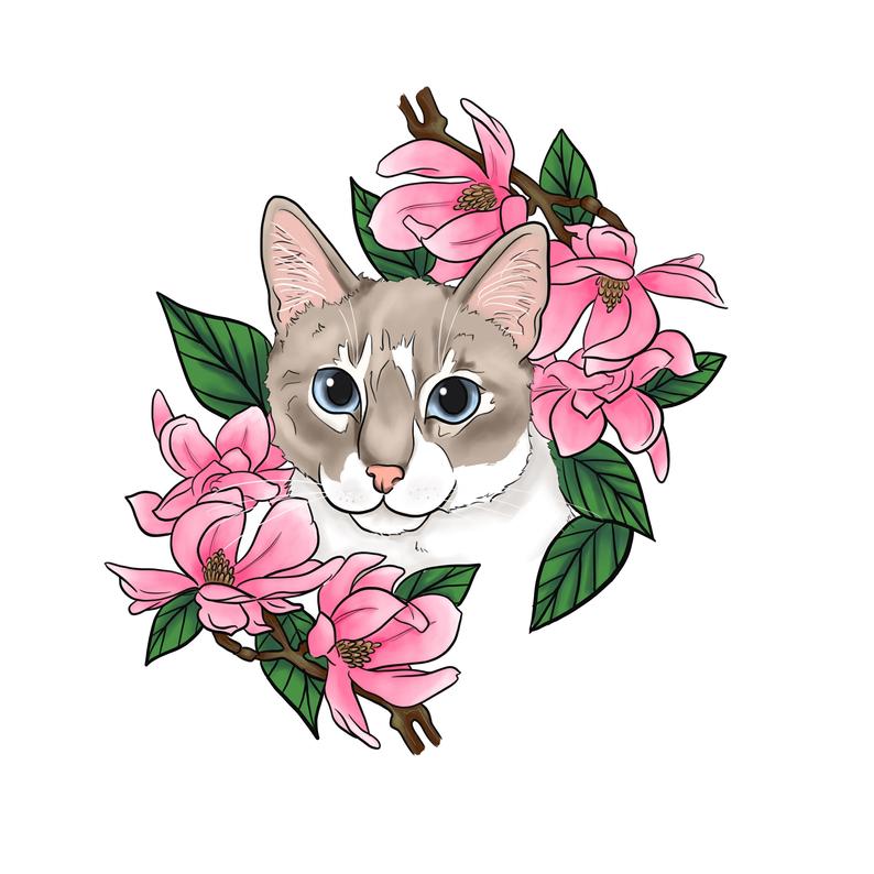 794x794 Floral Cat Portrait Drawing Tattoo Style Pet Portrait Etsy - Cat Drawing Tattoo