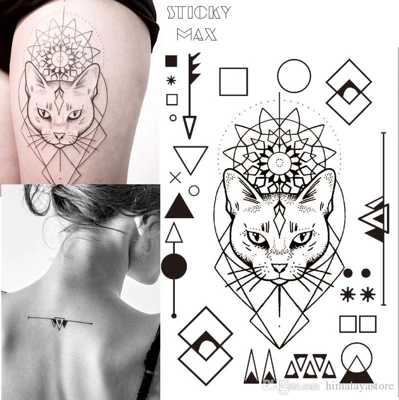 799x801 Geometric Cat Temporary Tattoo With Square, Round Circle - Cat Drawing Tattoo