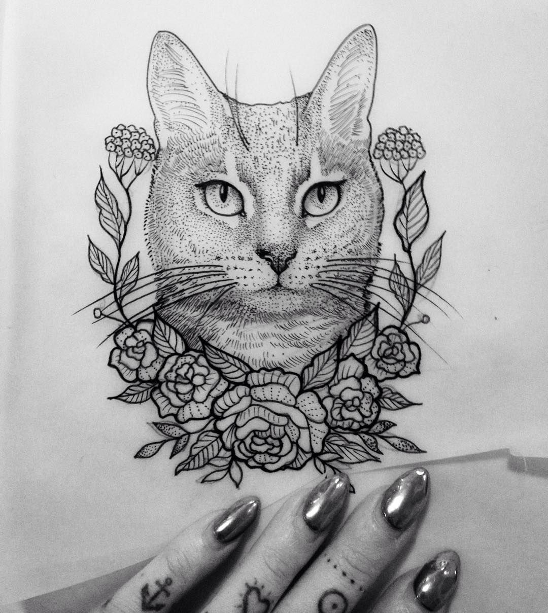 1080x1209 Illustration Cat Flower Dot - Cat Drawing Tattoo