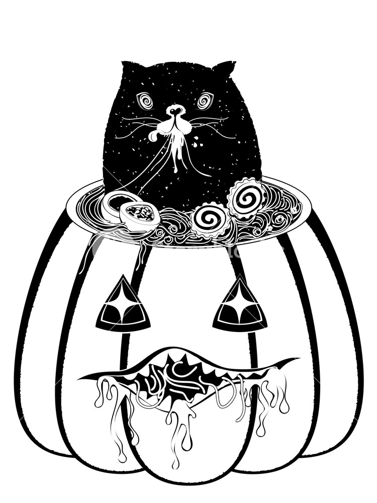 750x1000 cute halloween pumpkin and black cat eating tasty ramen royalty - Cat Eating Drawing