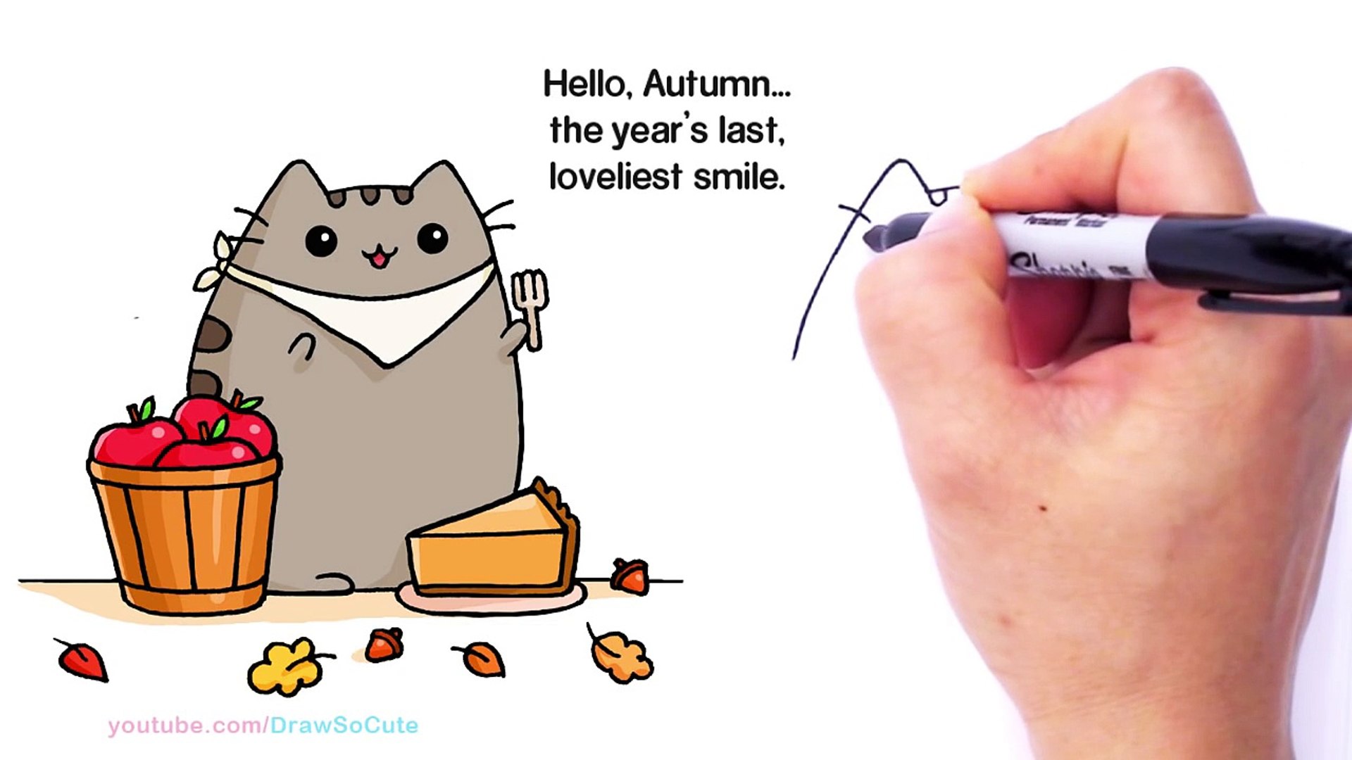 1920x1080 how to draw autumn pusheen cat eating pie step - Cat Eating Drawing