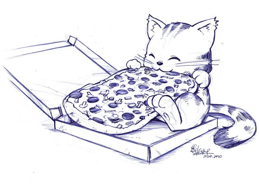 900x636 Pizza Eating Kitty - Cat Eating Drawing