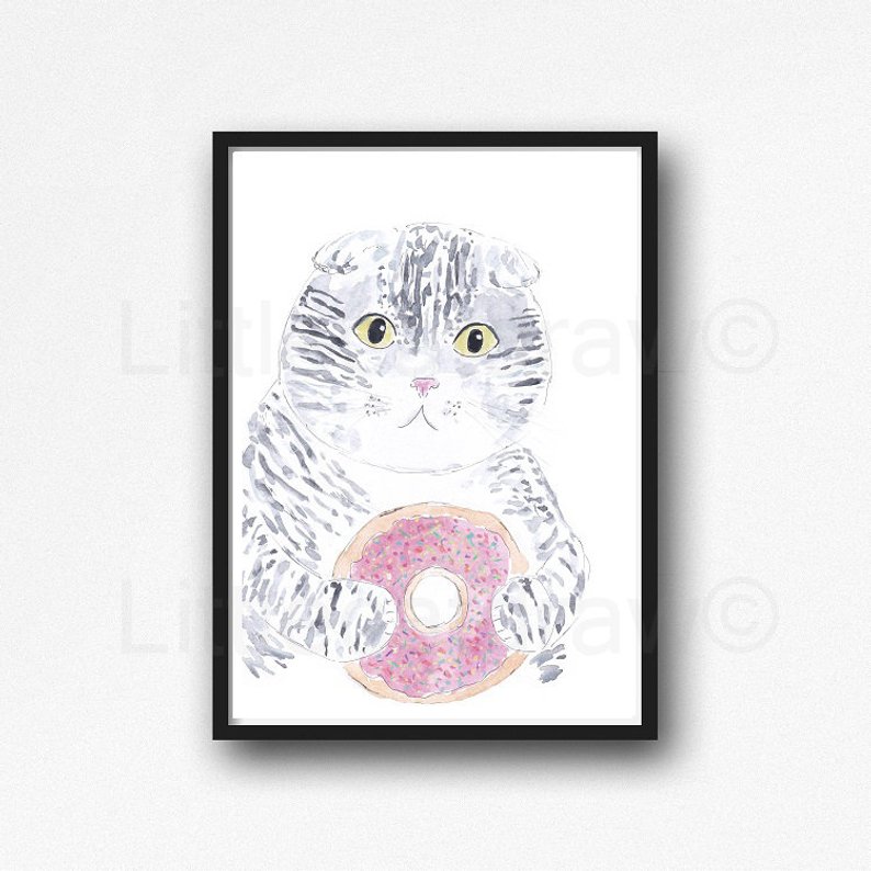 794x794 Scottish Fold Cat Eating A Donut Watercolor Painting Print Cat Etsy - Cat Eating Drawing