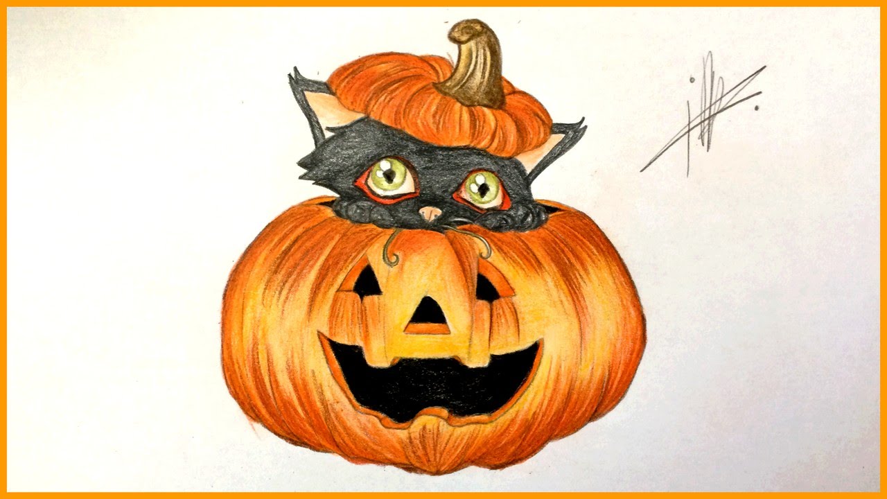 1280x720 drawing a halloween pumpkin with a black cat - Cat Halloween Drawing