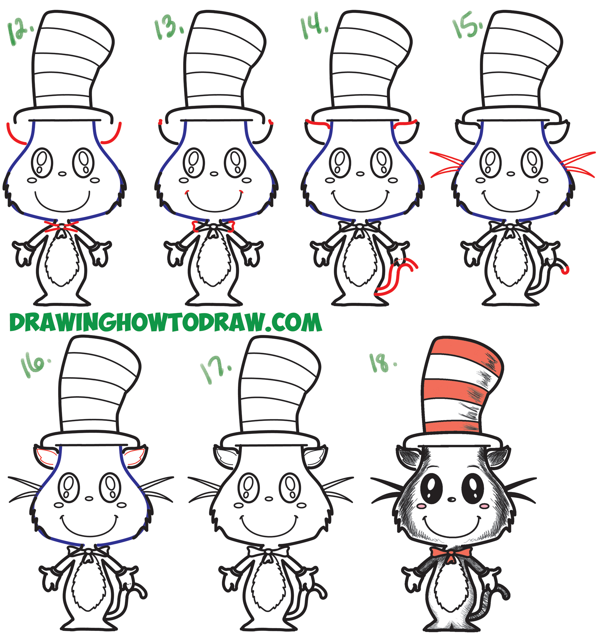 2000x2137 How To Draw The Cat In The Hat Cute Kawaii Chibi Version Easy - Cat Head Drawing Tutorial