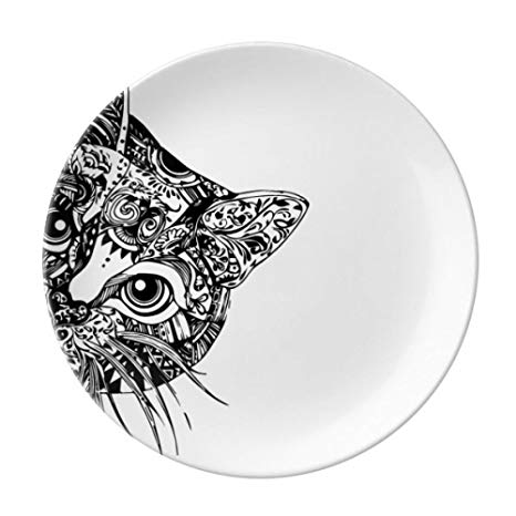 466x466 Line Drawing Black Cat Head Animal Dessert Plate - Cat Head Line Drawing