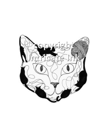 371x480 cat with yarn face ink drawing - Cat Ink Drawing