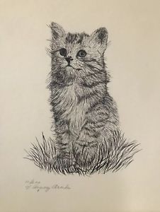 226x300 cat kitten in the grass pen and ink drawing matted signature v - Cat Ink Drawing