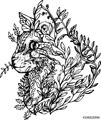 422x500 Illustration Of A Cat Made Of Branches And Leaves Black And White - Cat Profile Drawing