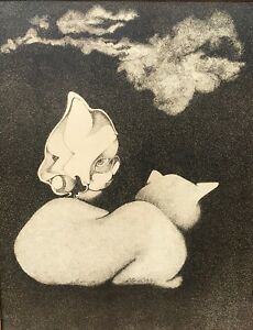 230x300 Richard F Kessler Pointillist Ink Drawing Soft Cat Profile Ebay - Cat Profile Drawing