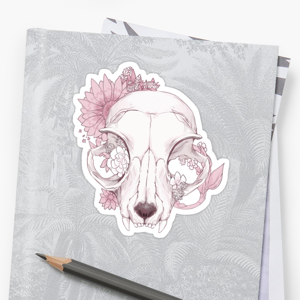 1000x1000 Flowers + Cat Skull Sticker - Cat Skull Drawing