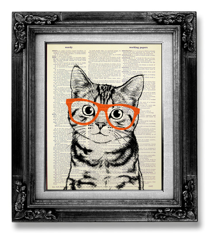 717x800 decorative art cat art wall hanging cat print cat poster etsy - Cat With Glasses Drawing